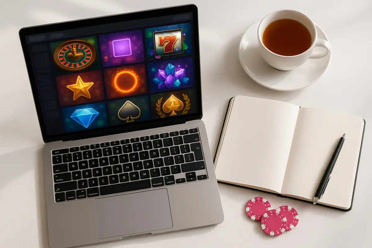 Desk with a laptop showing a casino lobby